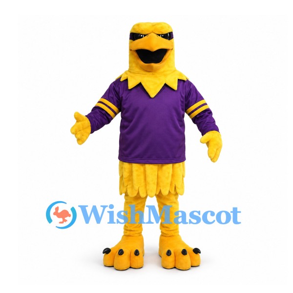 Eagle Mascot Costume in Yellow with Purple Jersey and Sunglasses