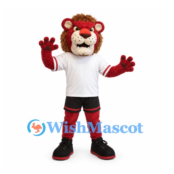 Lion Mascot Costume in Red with White Sports Jersey