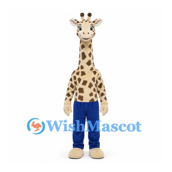 Giraffe Mascot Costume with Brown Spots and Blue Pants