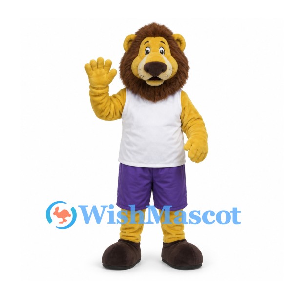 Lion Mascot Costume with White Shirt and Purple Shorts