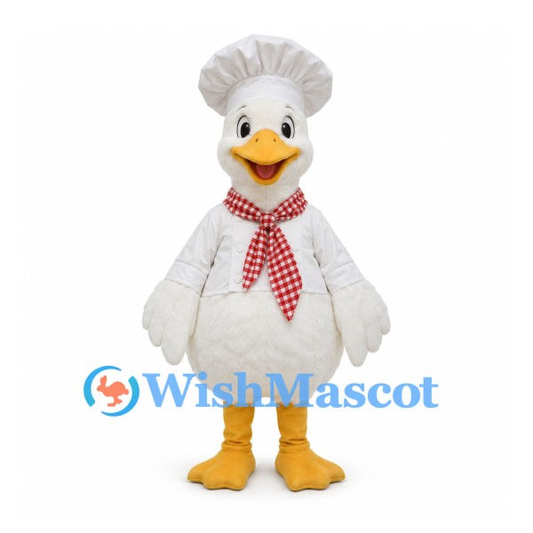 Duck Chef Mascot Costume with White Hat and Red Checked Scarf