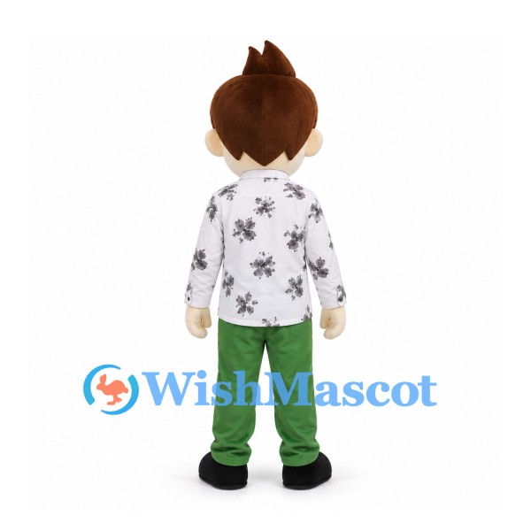 Boy Mascot Costume with White Patterned Shirt and Green Pants