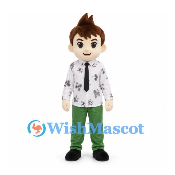 Boy Mascot Costume with White Patterned Shirt and Green Pants