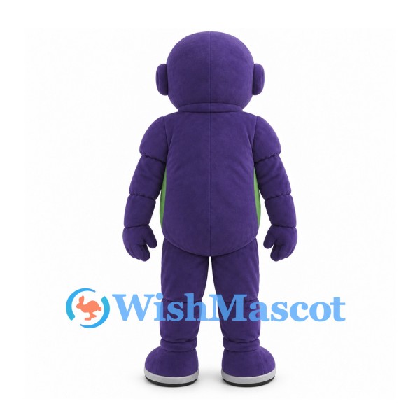 Robot Mascot Costume in Purple with Green Belly and Black Visor