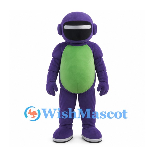 Robot Mascot Costume in Purple with Green Belly and Black Visor