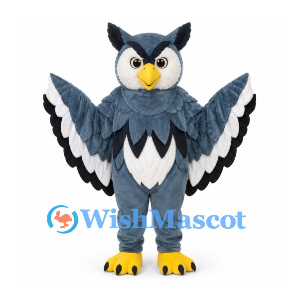 Owl Mascot Costume in Blue Gray with Layered Wings