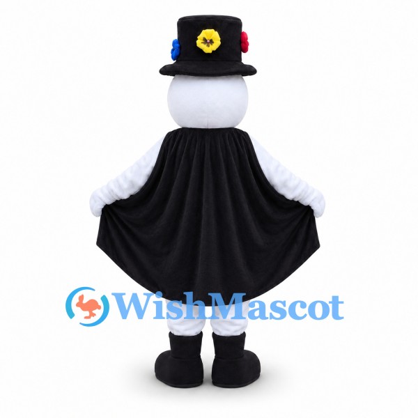 Clown Mascot Costume in White with Flower Buttons and Black Cape