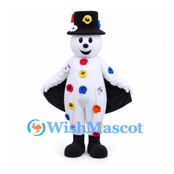 Clown Mascot Costume in White with Flower Buttons and Black Cape