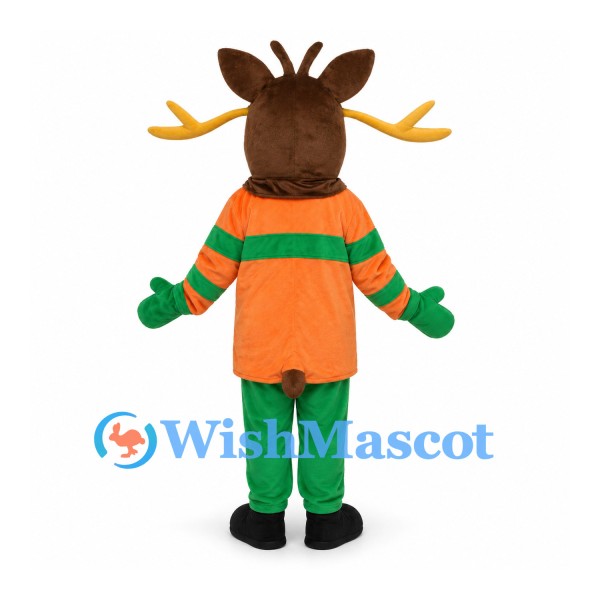 Moose Mascot Costume with Orange Jacket and Green Pants