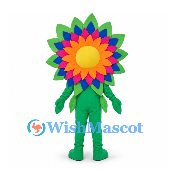 Flower Mascot Costume with Rainbow Petals and Green Body