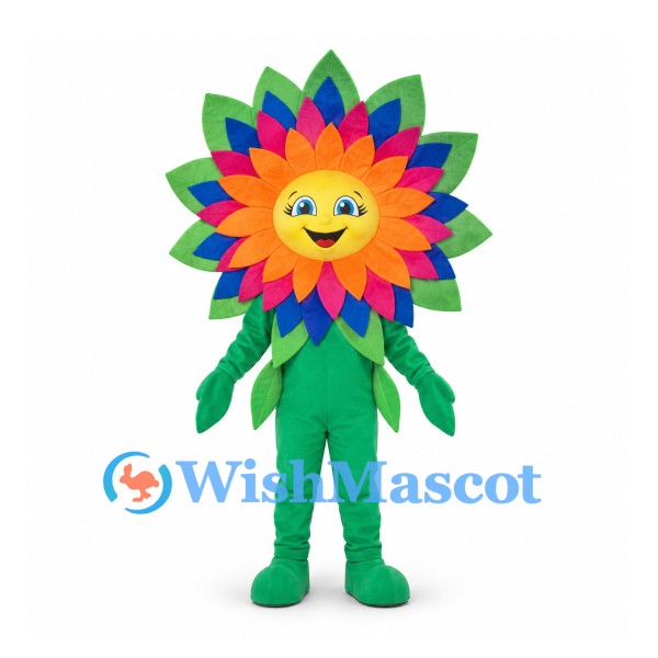 Flower Mascot Costume with Rainbow Petals and Green Body
