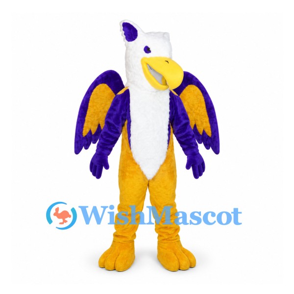 Griffin Mascot Costume with Purple Wings and Yellow Legs