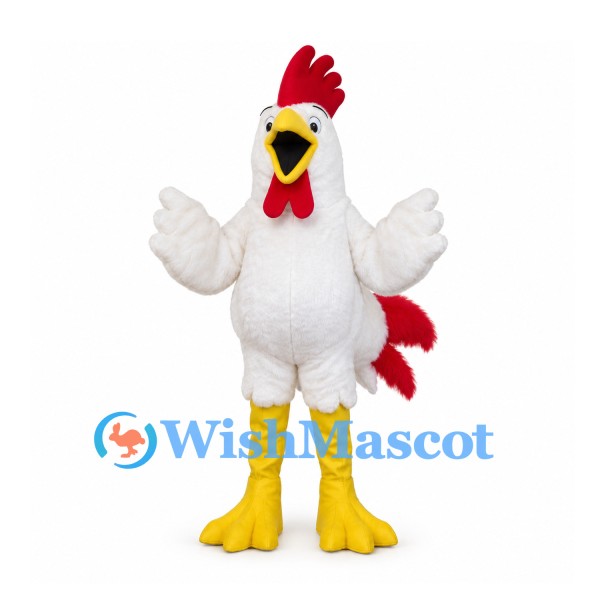 Rooster Mascot Costume in White with Red Comb and Yellow Feet