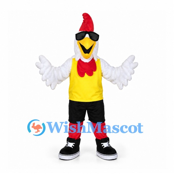Rooster Mascot Costume with Yellow Shirt and Sunglasses