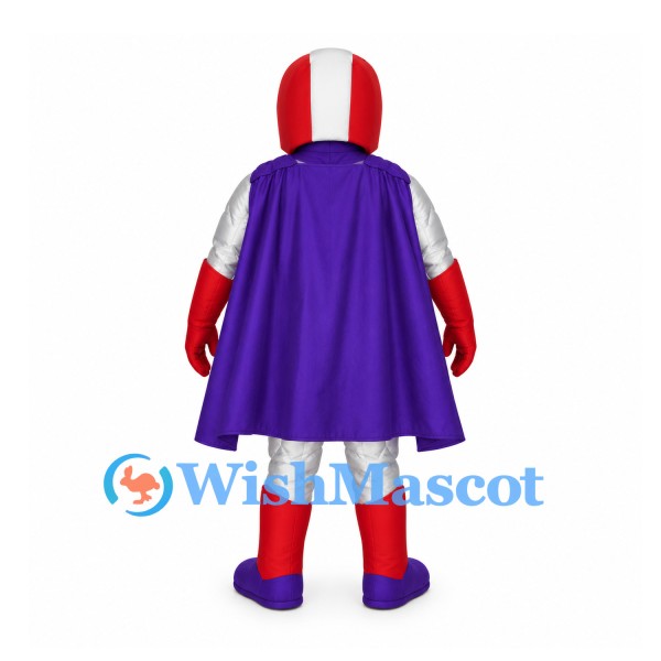 Superhero Mascot Costume with Red Helmet and Purple Cape