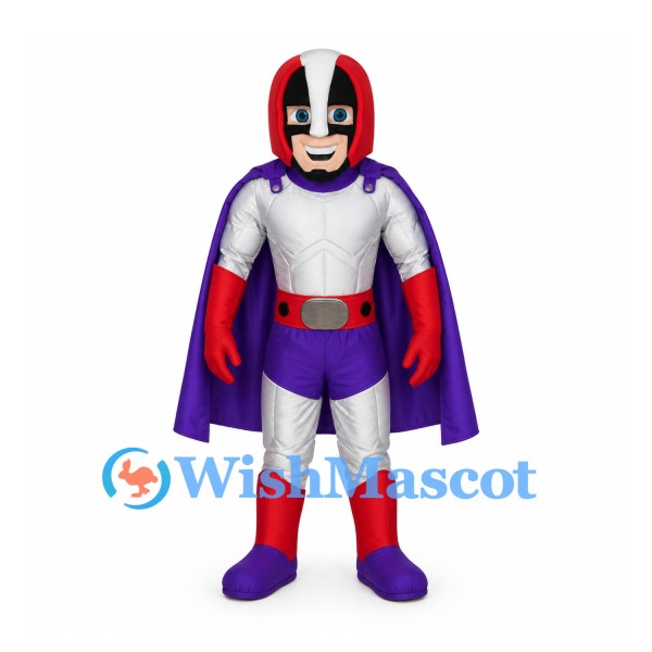 Superhero Mascot Costume with Red Helmet and Purple Cape