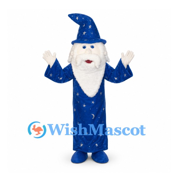 Wizard Mascot Costume with Blue Star Robe and White Beard