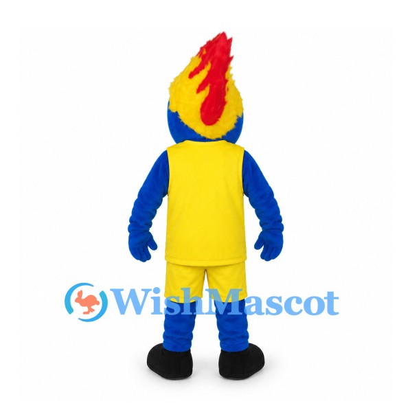 Flame Character Mascot Costume with Blue Face and Yellow Sports Uniform