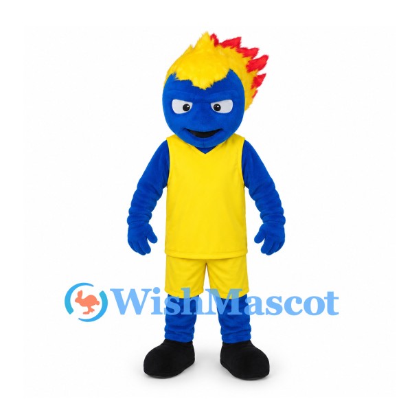 Flame Character Mascot Costume with Blue Face and Yellow Sports Uniform