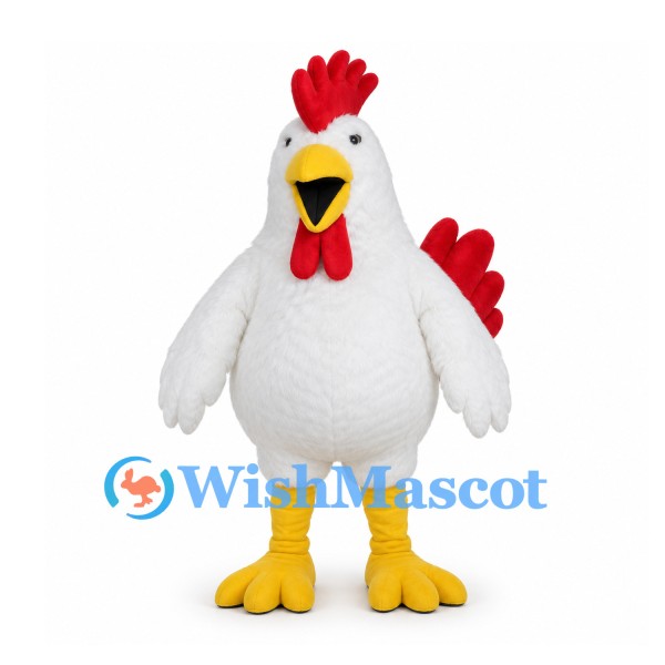 Rooster Mascot Costume in White with Red Tail and Yellow Legs