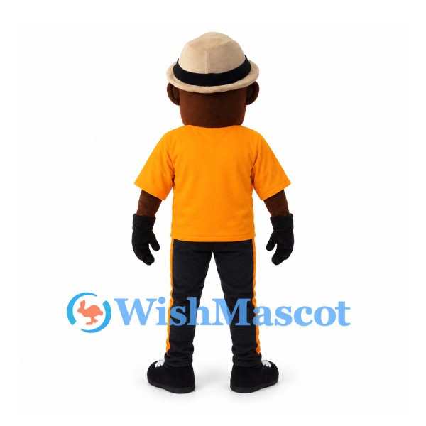 Man Mascot Costume with Orange Shirt and Beige Fedora