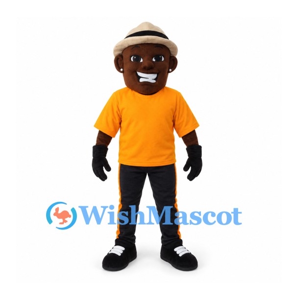 Man Mascot Costume with Orange Shirt and Beige Fedora