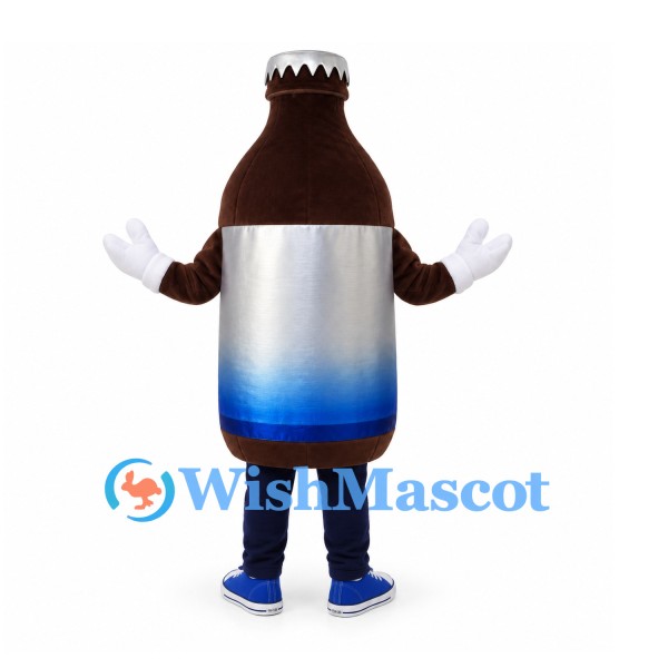 Beverage Bottle Mascot Costume in Brown with Silver and Blue Label