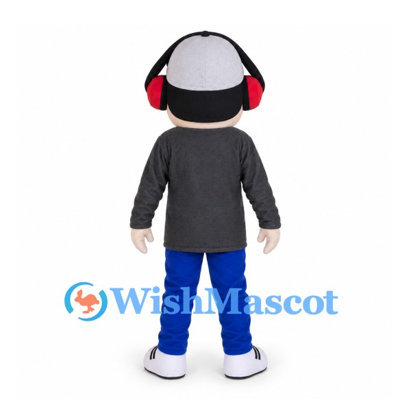 Boy Mascot Costume with Gray Cap and Red Headphones