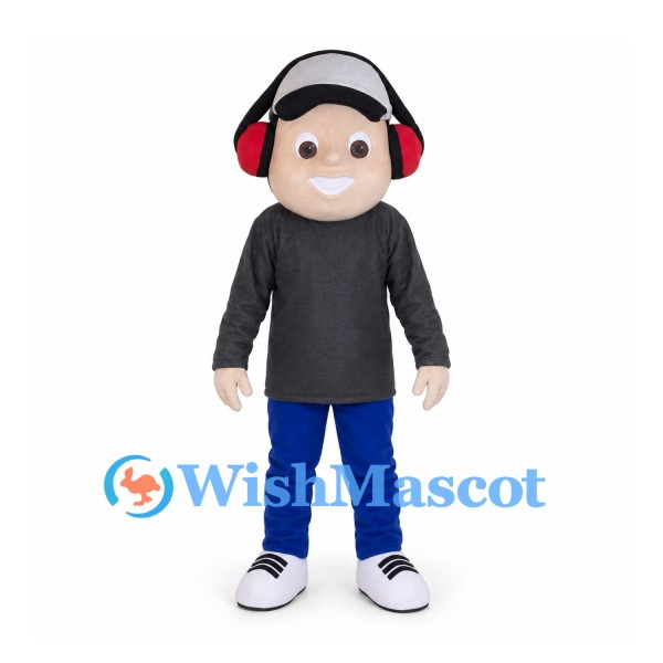 Boy Mascot Costume with Gray Cap and Red Headphones