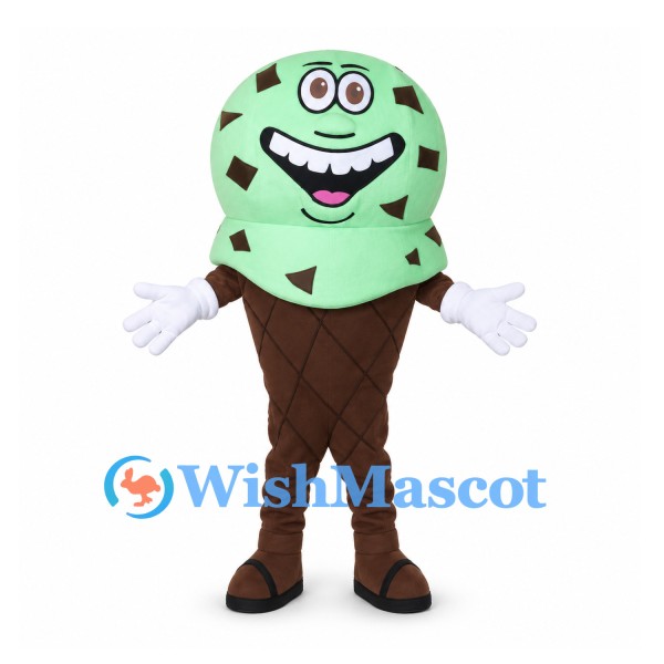 Ice Cream Cone Mascot Costume with Green Chocolate Chip Scoop
