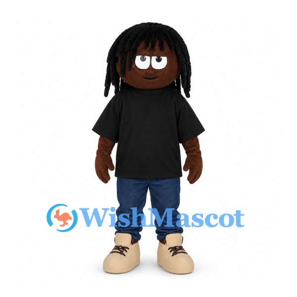Boy Mascot Costume with Black Hair and Black Shirt