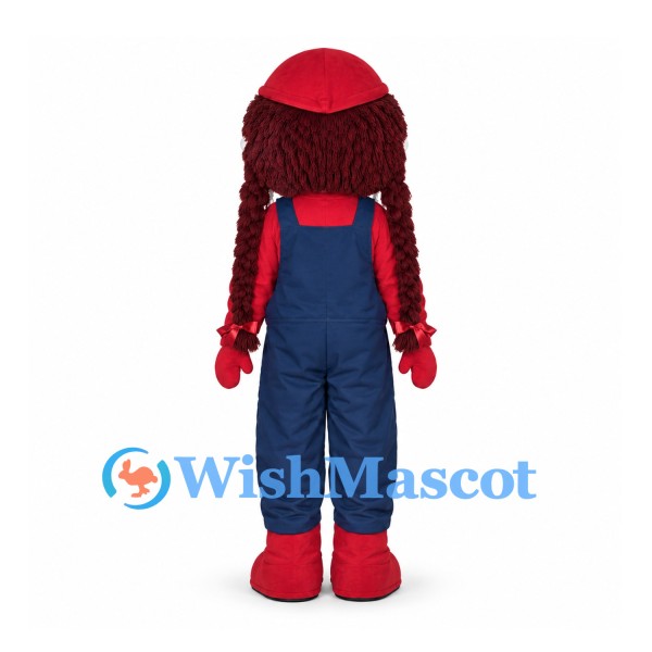 Rag Doll Mascot Costume with Navy Overalls and Red Braids