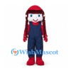 Rag Doll Mascot Costume with Navy Overalls and Red Braids