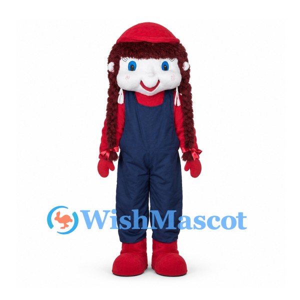 Rag Doll Mascot Costume with Navy Overalls and Red Braids