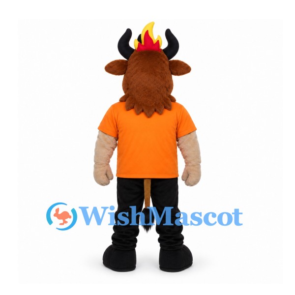Bull Mascot Costume with Orange Shirt and Flame Head Tuft