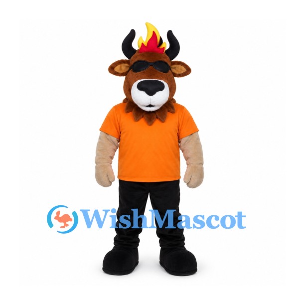 Bull Mascot Costume with Orange Shirt and Flame Head Tuft