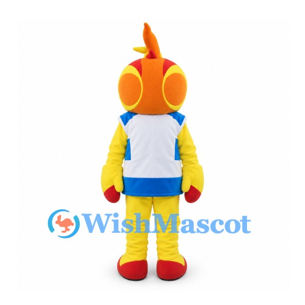 Bird Mascot Costume in Yellow with Orange Head and Blue Shorts