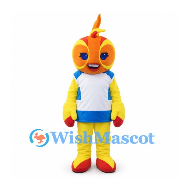 Bird Mascot Costume in Yellow with Orange Head and Blue Shorts