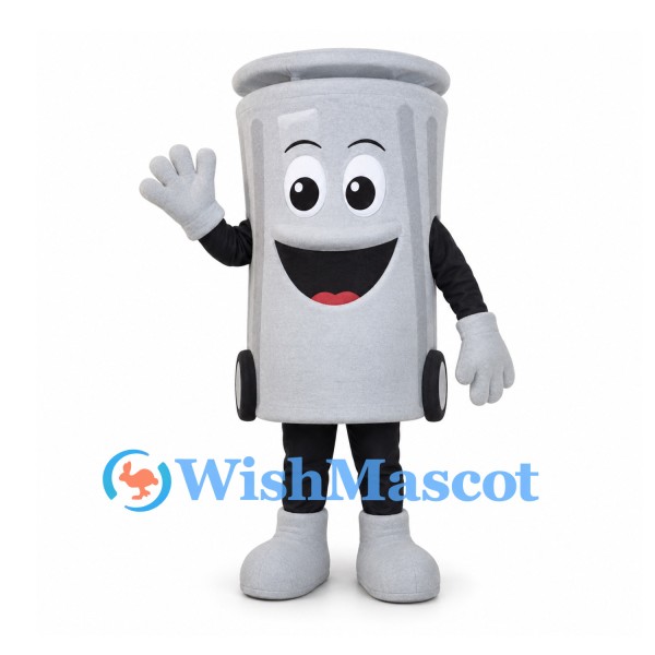 Trash Can Mascot Costume in Gray with Smiling Face