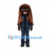 Woman Mascot Costume with Long Brown Hair and Dark Blue Outfit