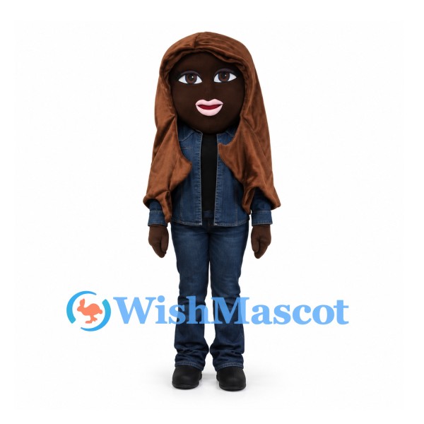 Woman Mascot Costume with Long Brown Hair and Dark Blue Outfit