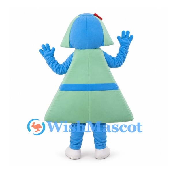Robot Girl Mascot Costume with Blue Head and Green Trapezoid Dress