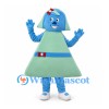 Robot Girl Mascot Costume with Blue Head and Green Trapezoid Dress