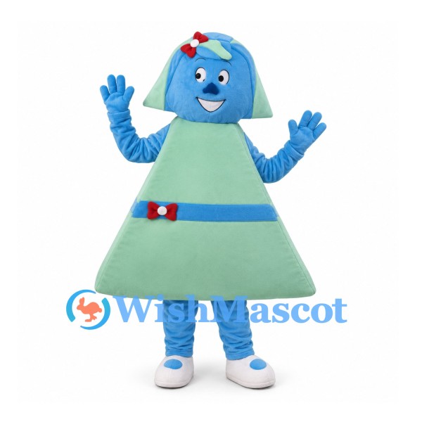 Robot Girl Mascot Costume with Blue Head and Green Trapezoid Dress