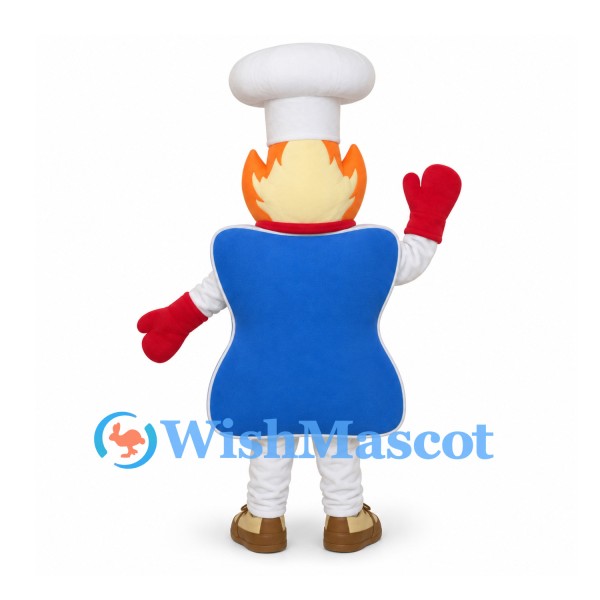 Flame Chef Mascot Costume with White Hat and Blue Body