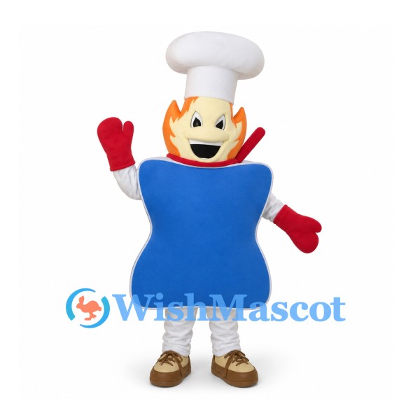 Flame Chef Mascot Costume with White Hat and Blue Body