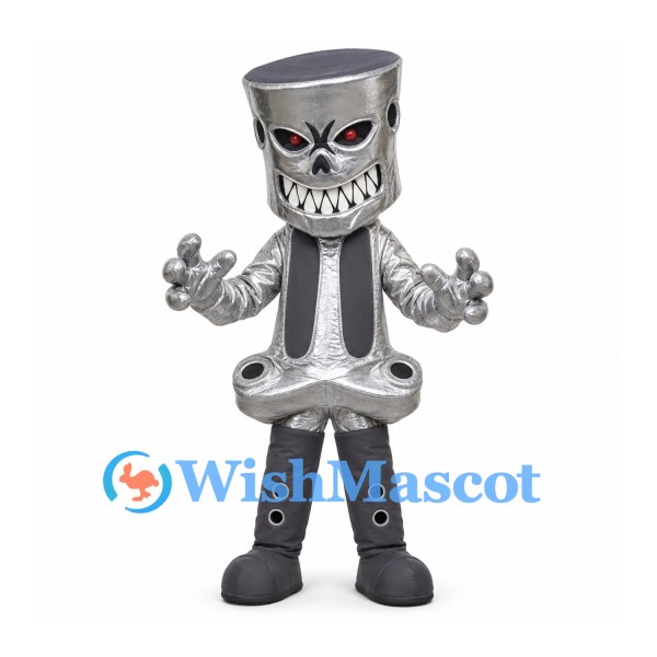 Piston Mascot Costume in Silver with Toothy Face