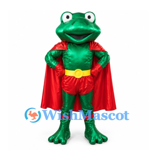 Frog Superhero Mascot Costume with Red Cape and Gold Belt