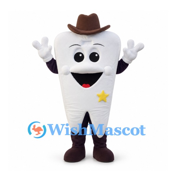 Tooth Cowboy Mascot Costume with Brown Hat and Gold Star