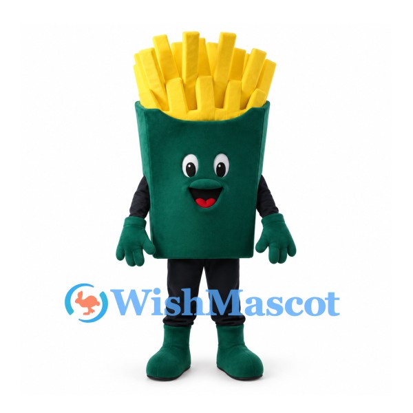 French Fries Mascot Costume in Green Carton with Smiling Face